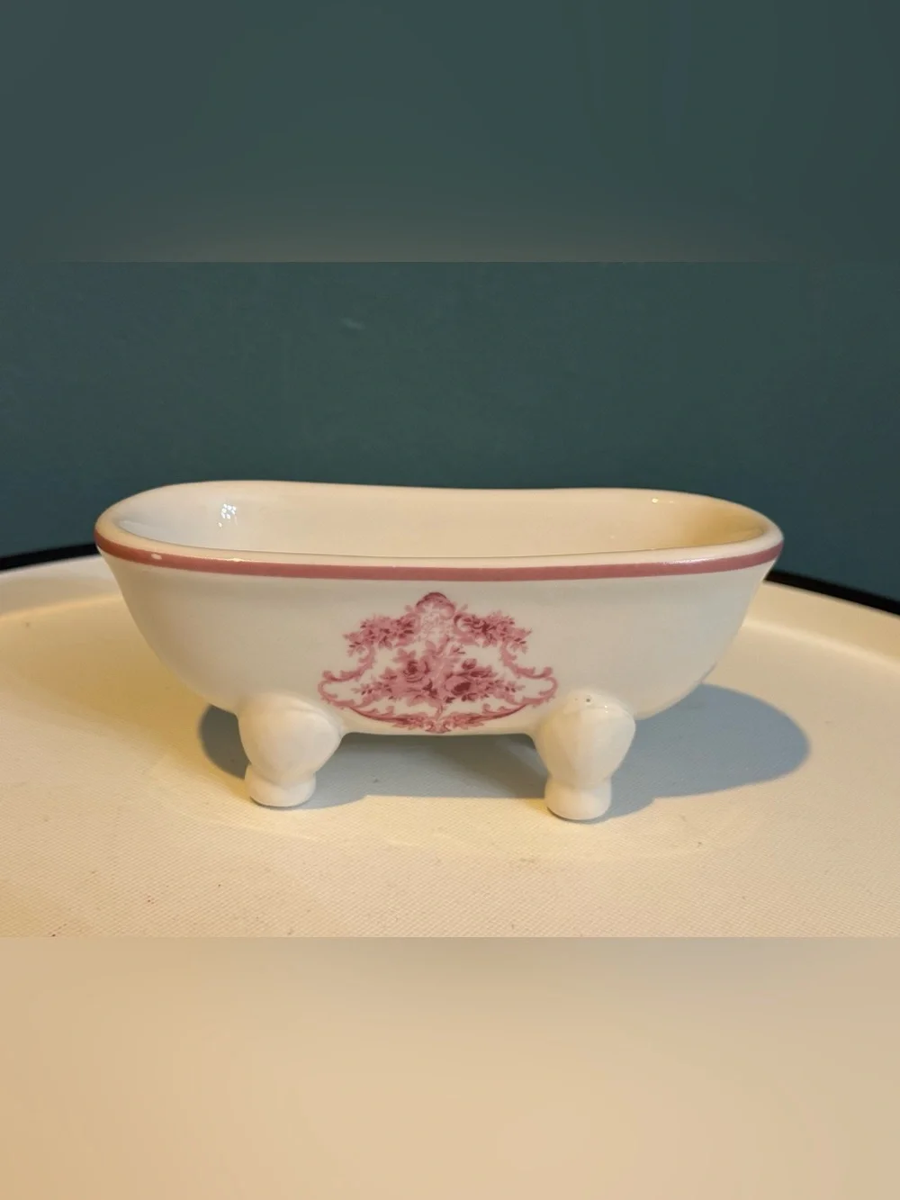 Vintage white and pink claw foot tub soap dish / trinket dish